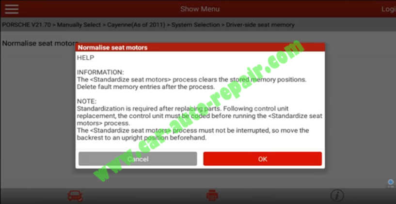 Porsche Cayenne 2011-2016 Seat Motor Calibration by Launch X431 (9)