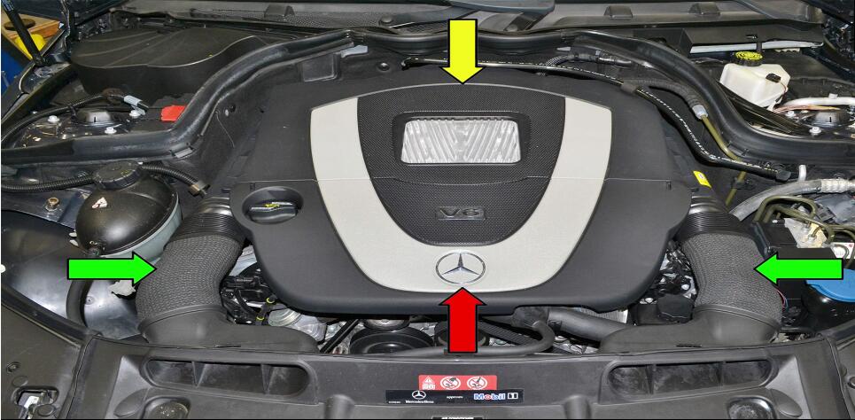 It is a step-by-step guide on how to clean Mercedes Benz throttle body by yourself. Cleaning your throttle body is a quick and easy way to improve the performance and mileage on your vehicle This guide can compatible to vehicle models: Benz C350 (2007-14), SLK350 (2004-14), CLS350 (2004-14), CLK350 (2005-14), E350 (2005-14), S350 (2005-14), SL350 (2005-14), R350 (2006-14), ML350 (2006-14), Viano (2005-14), Sprinter (2006-14), CLC350 (2008-14), GLK350 (2008-12) Procedures: You will need to remove the engine covers(red and yellow arrows) and air intake ducts (green arrows) to perform this work.Please see our article on engine cover: How to Remove Benz C Class W204 Engine Cover 1 You next to need to remove the MAF (red arrow) and vacuum line (yellow arroww).Please see our article on MAF sensor replacement for additional information: How to Replace MAF Sensor for Mercedes Benz W204 2 Disconnect the breather hose from the rear of the right cylinder head (red arrow) 3 Unclip the two plastic clips on the elbow piece between the MAF and throttle body (red arrow) and remove the elbow and attached hose. 4 You now have some room to work.Depending on what hand you are better with spray a rag with carb cleaner and reach into the throttle body and clean the opening and valve (red arrow) 5 The lower right side of the throttle body tends to build up more oil and dirt than the left due to the proximity of the breather hose(red arrow).You can manually open the throttle valve while doing this to clean behind it.It is very difficult to see in the throttle body opening without using a mirror (and more difficult to get picture of so sorry for the slightly blurry photo).If you do not have a small mirror just keep wiping until the rag comes out clean.After cleaning installation is the reverse of removal. 6