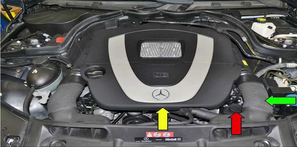 Improperly filling and bleeding your power steering fluid can cause damage to your system,so this article show a guide on how to fill and bleed properly for your Benz W204.  Applies to: Benz C350 (2007-14), SLK350 (2004-14), CLS350 (2004-14), CLK350 (2005-14), E350 (2005-14), S350 (2005-14), SL350 (2005-14), R350 (2006-14), ML350 (2006-14), Viano (2005-14), Sprinter (2006-14), CLC350 (2008-14), GLK350 (2008-12)  Time: 1 hour  Tab: $15 to $40  Talent: 1  Tools: An assistant Parts Required: Power steering fluid  Hot Tip: Keep everything really clean  Performance Gain: Proper steering  Complementary Modification: Change cabin air filter  Pump Steering System Fill and Bleed Guide: The power steering pump and reservoir are located at the left front of the motor (red arrow).Chances are if you are reading this article you have replaced the pump or reservoir and have already removed most of there components.While you do not need to remove anything to just top up the fluid it is easier to get a few simple things out of the way when filling and bleeding.Remove the front engine cover (yellow arrow) by pulling it straight up and off from the center of the piece.Remove the left air duct by compressing it off the air filter housing and then slipping it off the duct(green arrow). 1 Make sure to carefully clean around the cap and reservoir (red arrow).Introducing dirt into the system is as bad as getting air in. 2 Always use the correct fluid for your system. 3 Fill the reservoir until the level is approximately 10 mm below the upper edge (red arrow) 4 Do Not start the engine yet.Starting the engine has the potential to introduce air into the system,and you do not want that! 5 Turn the steering wheel slowly from steering stop to steering stop until no bubbles appear in the reservoir.As the fluid work its way into the hoses and rack have your assistant continue to add power steering fluid.Don’t let the level get low.Turn the wheel slowly at least thirty times in each direction fro stop to stop (red and yellow arrows) 6 Remember to keep checking the level (red arrow)!When you first start turning the wheel your assistant should be continuously poring fluid in as the fluid moves from the reservoir to the hoses and rack. 7 Start the motor but do not touch the steering wheel.You should have your assistant watching the level as the motor is starting and adding fluid to make sure the reservoir does not get low. 8 With the engine running slowly turn the steering wheel several times from stop to stop while your assistant adds fluid as needed.Repeat this procedure until the level in the reservoir remains constant and no bubbles are visible. 9 Check for leaks then top up the reservoir until it is at the proper fill level on the dipstick in the cap (red arrow). 10 Done!