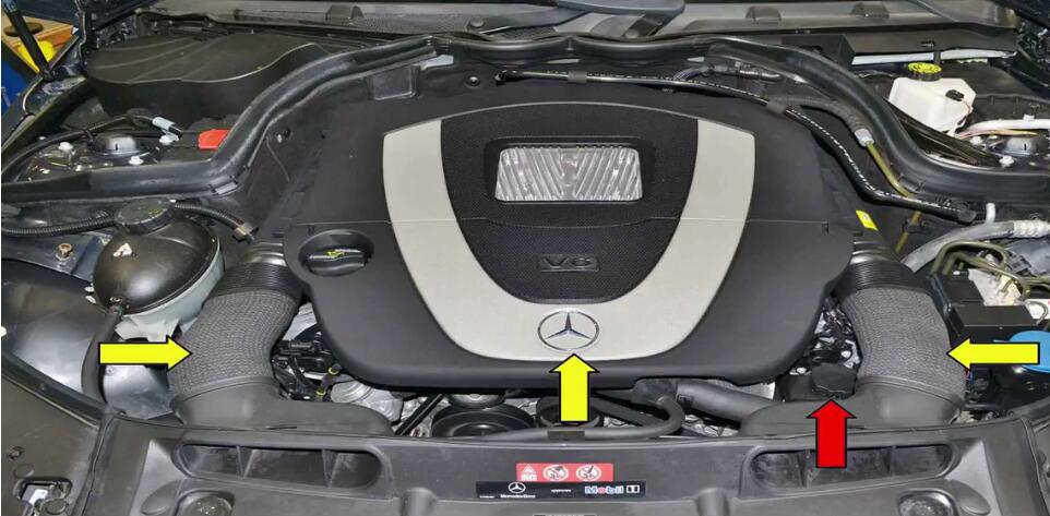 The power steering pump on the Mercedes is a very well made pump but like all things mechanical can and will wear out over time. If you are seeing leaking fluid from around the pump area make sure to inspect the O-ring on the rear of the reservoir before replacing the pump.Now I want to share the guide on how to replace power steering pump for Benz W204.  Applies to:C350 (2007-14), SLK350 (2004-14), CLS350 (2004-14), CLK350 (2005-14), E350 (2005-14), S350 (2005-14), SL350 (2005-14), R350 (2006-14), ML350 (2006-14), Viano (2005-14), Sprinter (2006-14), CLC350 (2008-14), GLK350 (2008-12)  Time: 4 hours  Tab: $320 to $1,300  Talent: 3 Tools: 22mm wrench, E12 socket, T30 Torx, flathead screwdriver, pliers,fluid pump  Parts Required: Pump, power steering fluid, crush washers  Hot Tip: Keep everything really clean  Performance Gain: Proper steering Complementary Modification: Bleed system  Procedures: The power steering reservoir and pump are located on the front left of the motor (red arrow).To replace it you will need to remove the two-air inlet ducts as well as the front engine cover (yellow arrows).Please see my article on engine cover removal:How to Remove Benz C Class W204 Engine Cover 1 You may want to remove the front trim cover for additional room.To remove the cover turn the plastic lock (yellow arrow) 90 degrees to un-clock it.Remove the overflow and cable release from the cover (red arrow).Then pull forward on the cover on each side (green arrows) and lift the rear of the cover up and remove it. 2 Carefully clean the area around the fill cap on the reservoir.Open it and use a fluid pump to suck as much fluid as you can from the reservoir (red arrow).No matter how good a job you do of removing the fluid there will still be some left when you remove the reservoir,so be prepared for it. 3 Use a quarter-inch drive T30 Torx and remove the three bolts (red arrows).The bolts will remain in the reservoir housing after you unscrew the from the motor. 4 The reservoir is mounted to the return line of the pump and held in place by a clip.The clip is difficult to see when installed and impossible to photograph.Reach in behind the pump and insert a flathead screwdriver and pry the clip off (red arrow).Next,pull the reservoir off the pump. 5 With the reservoir removed you can see where it attaches to the pump and approximately where the clip goes to hold it in place (red arrow).Always replace the O-ring after you have removed the reservoir (yellow arrow). 6 Place the reservoir off to the side,and be prepared to catch the fluid that will spill out.You do not need to disconnect the line unless you are replacing the reservoir as well (red arrow) 7 The power steering pump is located below the reservoir (red arrow).The pump will be removed with the pulley attached.Begin by removing the high-pressure line (yellow arrow).Note:I have removed the oil filter cooler and housing for photographic purposes only.You do NOT need to remove these to perform this work 8 Always replace the two crush washers on each side of the banjo fitting (red arrows) and make sure everything is clean.Even the small amount of dirt shown in this photograph can damage the power steering system.Use an E12 socket and remove the three bolts holding the pump to the mount (red arrow).The bolt on the rear is difficult to access.If you need more room you can disconnect the A/C compressor from its mount and lower it out of the way;just make sure you do not disconnect the lines. 9 With the mounting bolts removed turn the pump over while being prepared for fluid to spill out and disconnect the ground wire from the back using an E12 Torx socket (red arrow). 10 Always install a new O-ring on the fitting between the pump and reservoir (red arrow) and insure the cleanliness of the banjo-fitting opening (red arrow);even a small amount of dirt or debris can affect the performance or cause damage to the system.Installation is the reverse of removal.Please see my article on how to properly fill and bleed your power steering system.Failure to properly fill and bleed th system can result in damage. 11 Done!