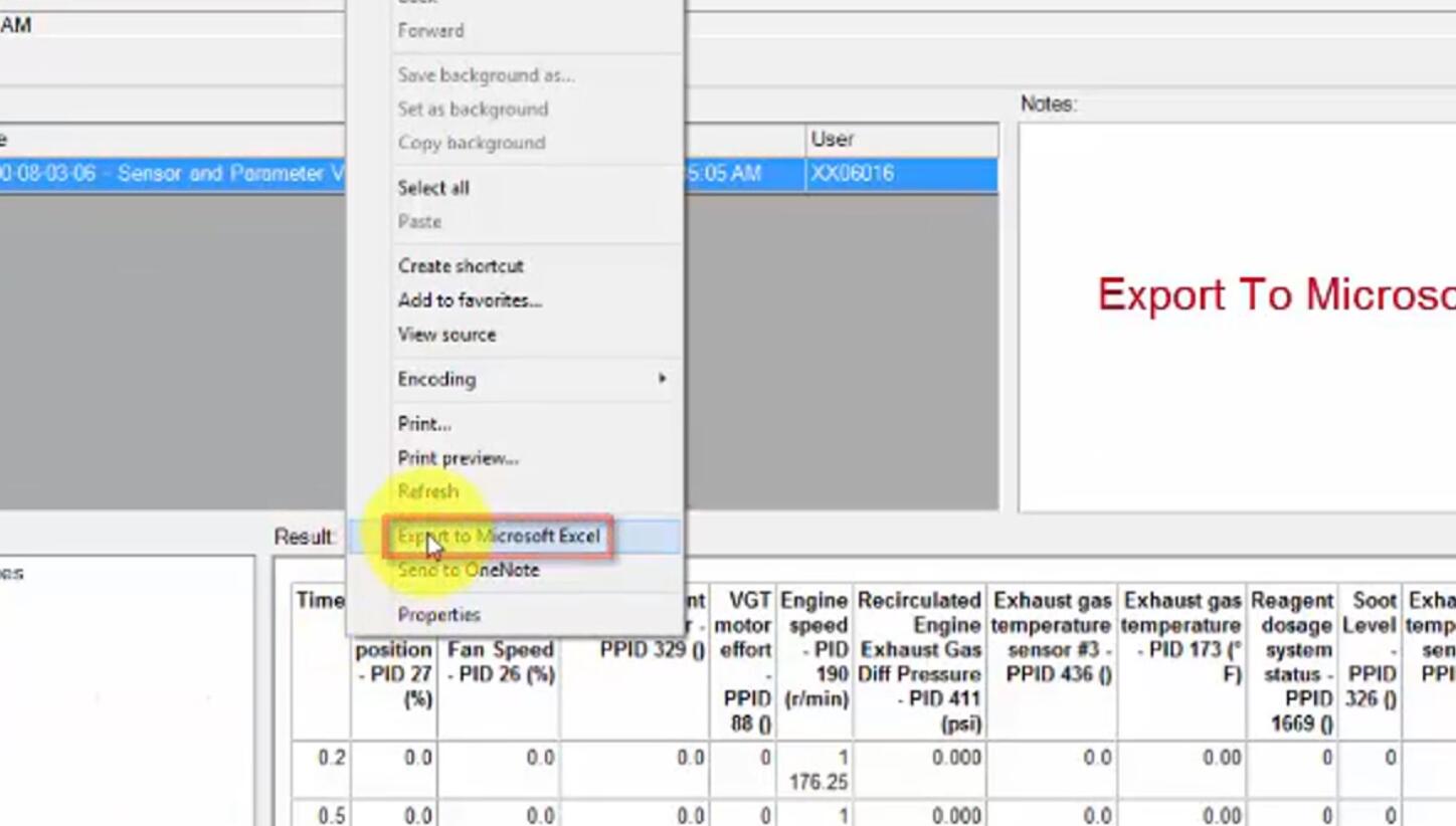 Volvo PTT Export Sensor Values to Excel for Pre-2013OBD (3)