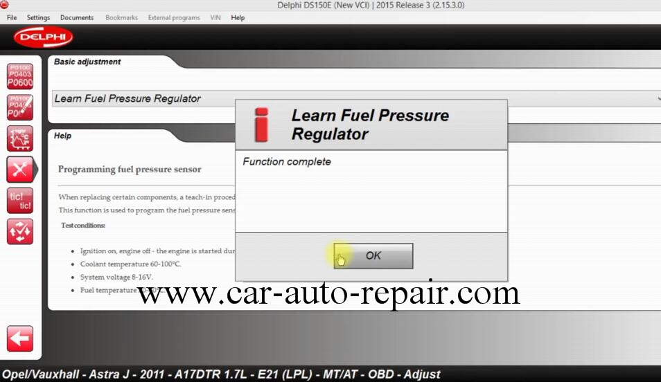 How to Use DS150E Learn Fuel Pressure Regulator for Opel Astra J 2011 (10)