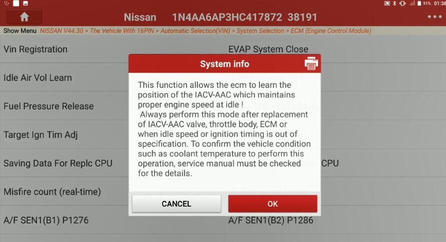 Nissan Maxima 2017 Idle Air Volume Learning by Launch X431 (4)