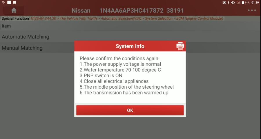 Nissan Maxima 2017 Idle Air Volume Learning by Launch X431 (9)