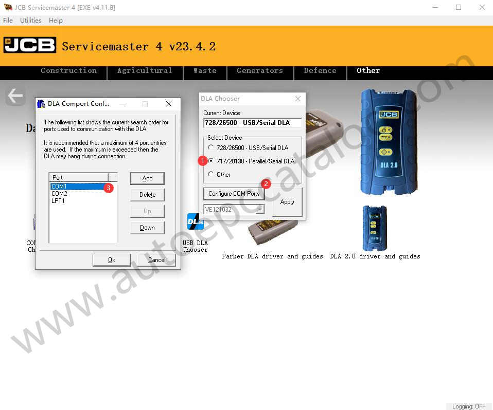 How to Configure DLA Type and Communications Port on JCB ServiceMaster (4)